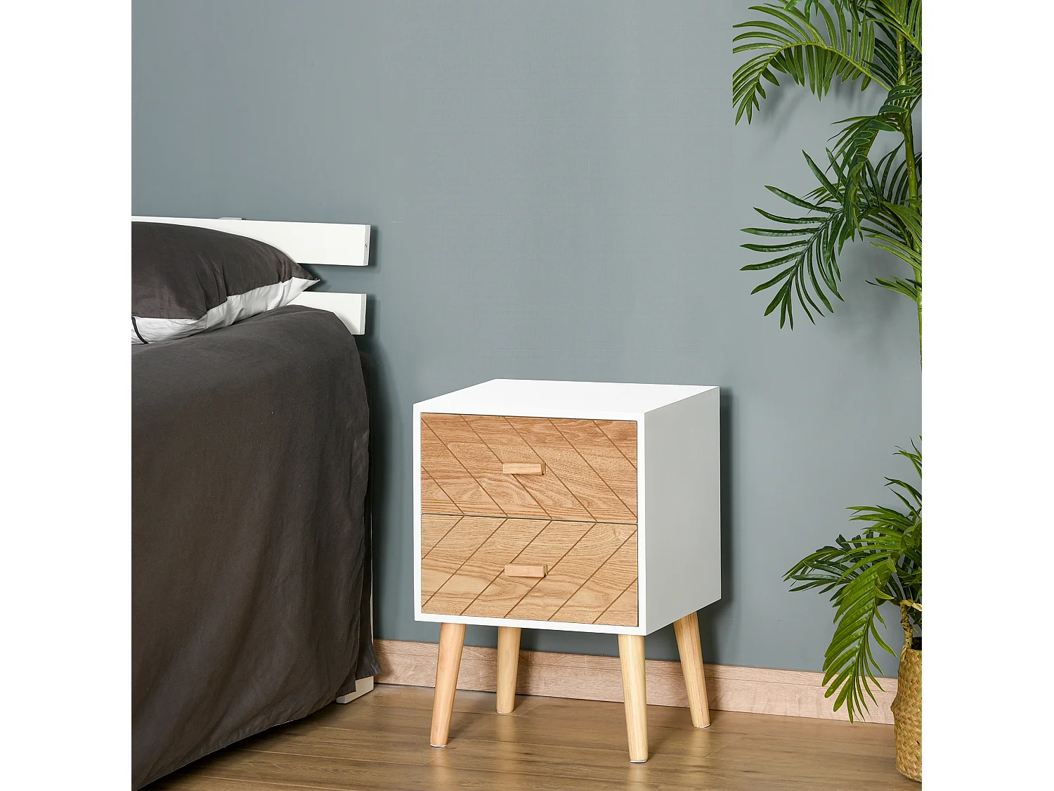Chevet table de nuit design scandinave 40L x 30l x 56H cm 2 tiroirs bois massif pin MDF blanc et hêtre motif graphique