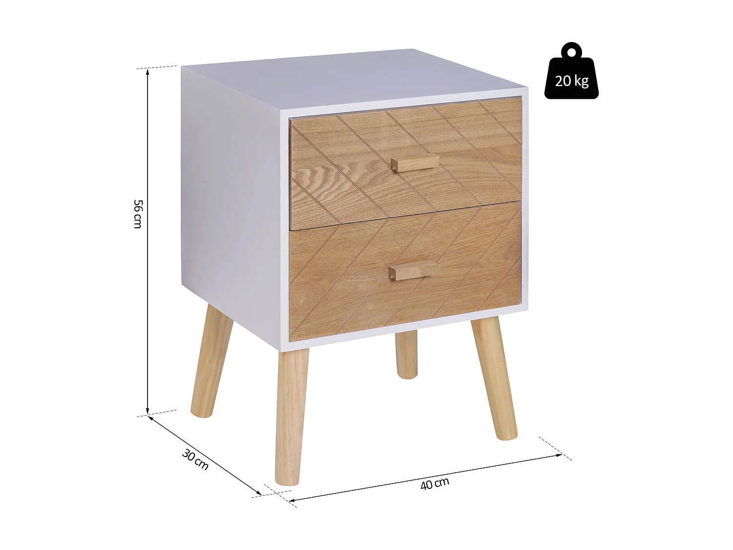 Chevet table de nuit design scandinave 40L x 30l x 56H cm 2 tiroirs bois massif pin MDF blanc et hêtre motif graphique