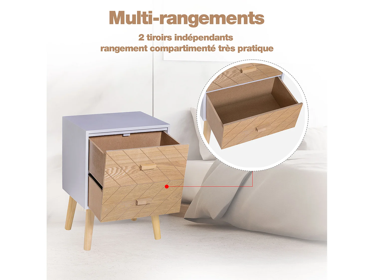 Chevet table de nuit design scandinave 40L x 30l x 56H cm 2 tiroirs bois massif pin MDF blanc et hêtre motif graphique