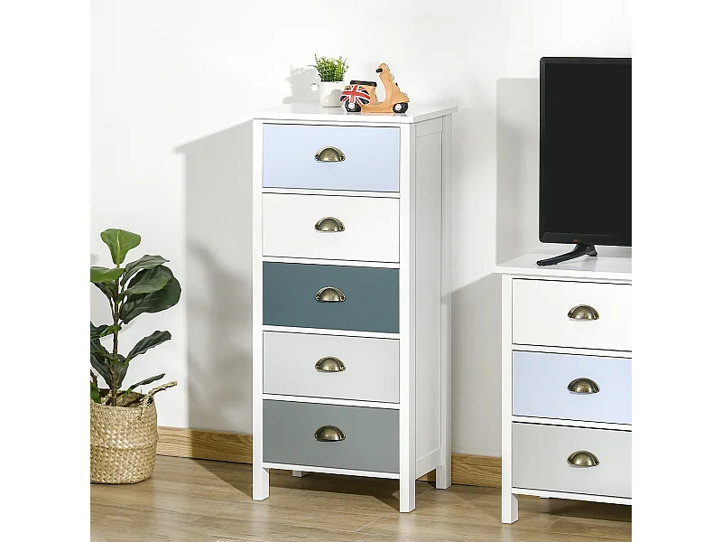 Meuble de rangement chiffonnier style néo-rétro 5 tiroirs poignées coquilles MDF blanc bleu gris