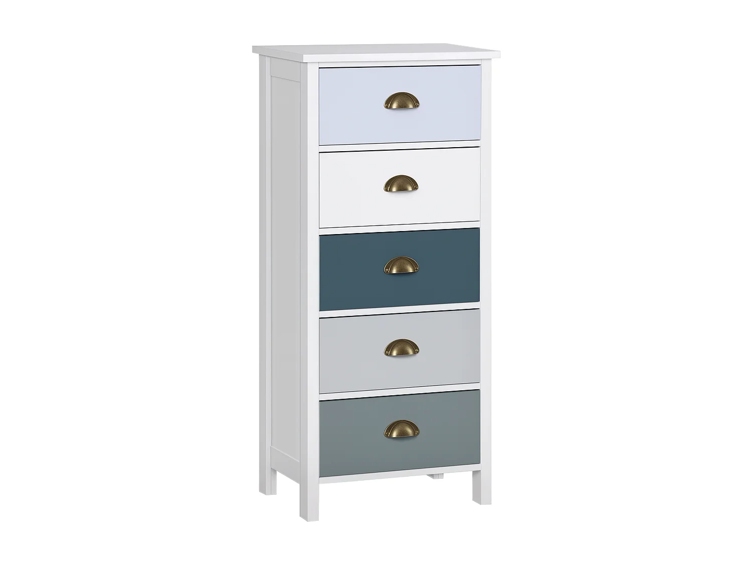 Meuble de rangement chiffonnier style néo-rétro 5 tiroirs poignées coquilles MDF blanc bleu gris