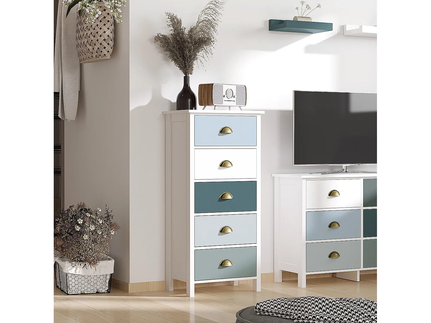 Meuble de rangement chiffonnier style néo-rétro 5 tiroirs poignées coquilles MDF blanc bleu gris