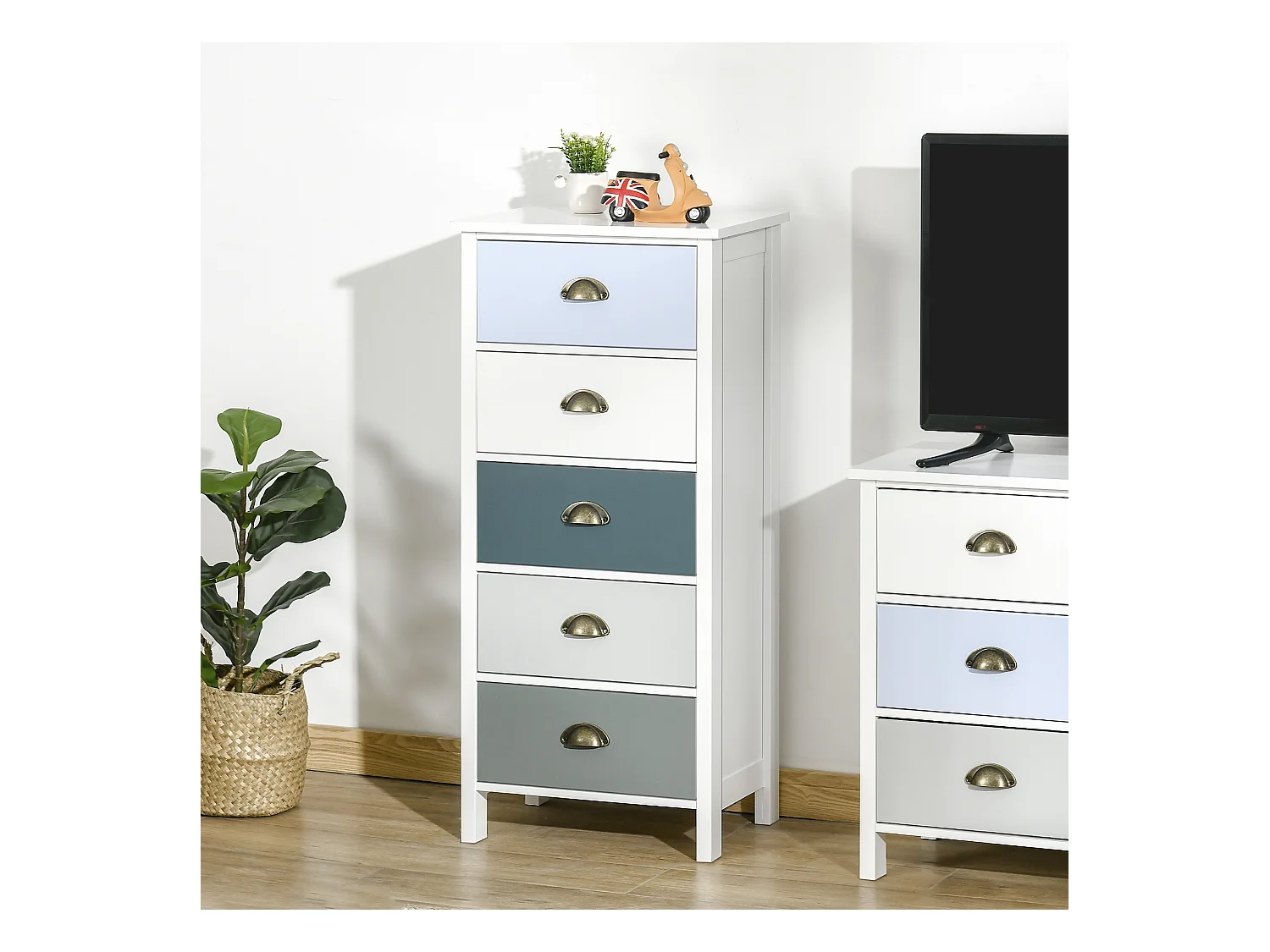 Meuble de rangement chiffonnier style néo-rétro 5 tiroirs poignées coquilles MDF blanc bleu gris