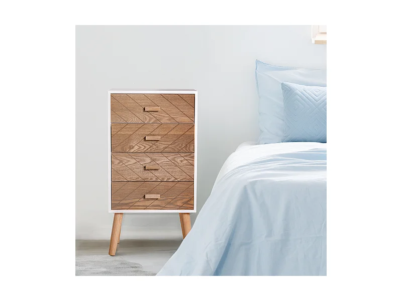 Meuble de rangement chiffonnier design scandinave 40L x 30l x 75H cm 4 tiroirs bois massif pin MDF blanc et hêtre motif graphique