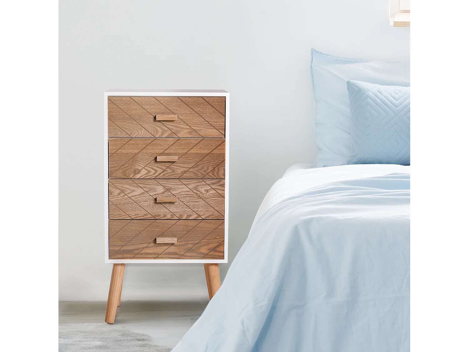 Meuble de rangement chiffonnier design scandinave 40L x 30l x 75H cm 4 tiroirs bois massif pin MDF blanc et hêtre motif graphique