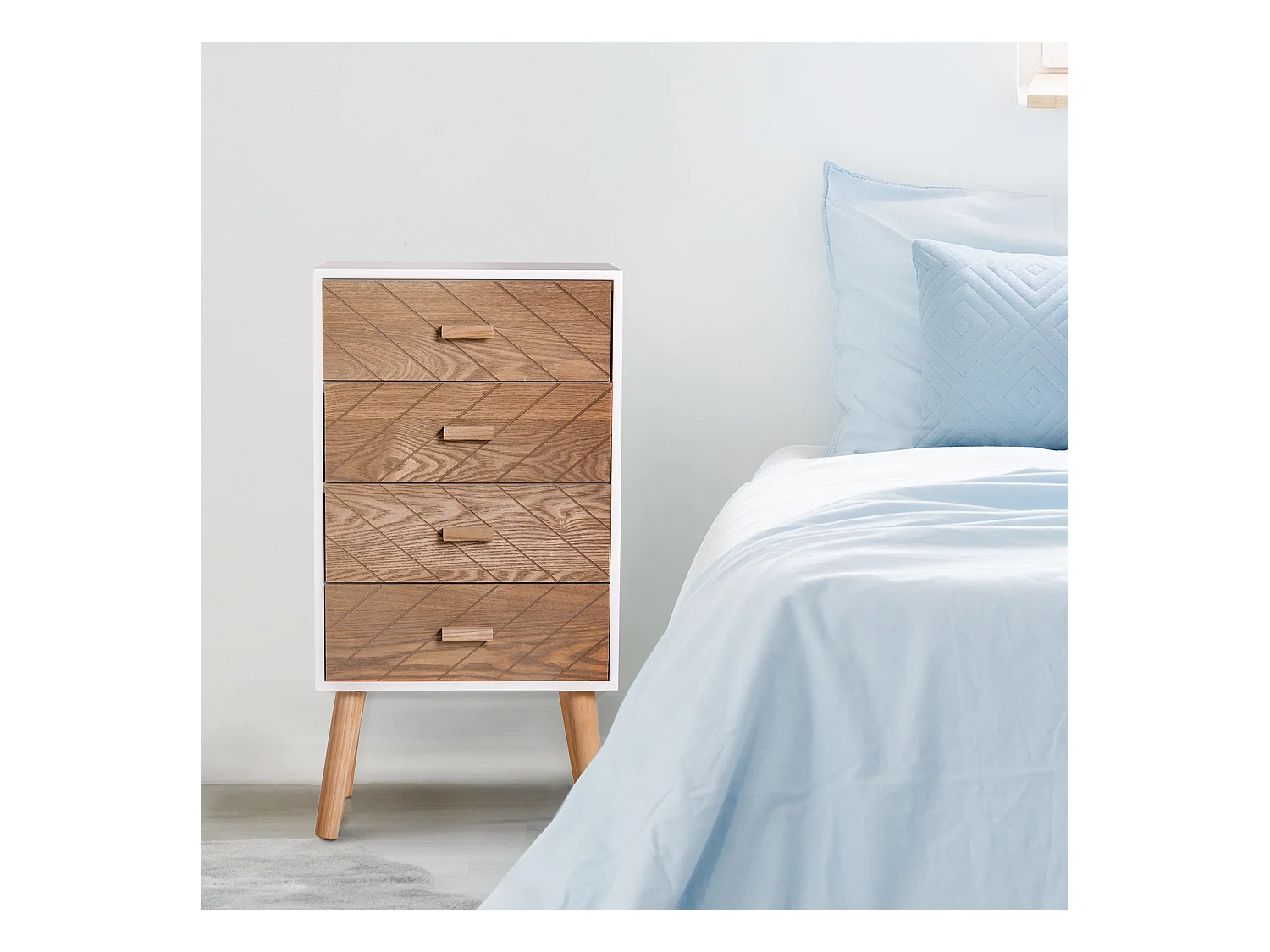 Meuble de rangement chiffonnier design scandinave 40L x 30l x 75H cm 4 tiroirs bois massif pin MDF blanc et hêtre motif graphique