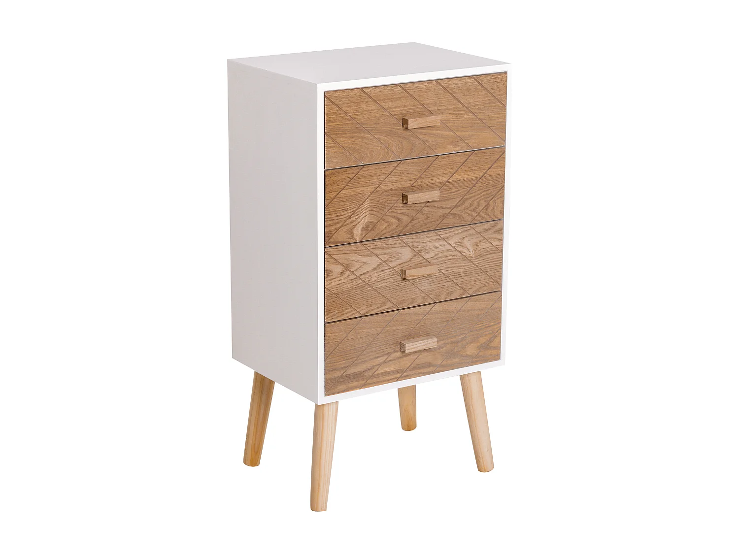 Meuble de rangement chiffonnier design scandinave 40L x 30l x 75H cm 4 tiroirs bois massif pin MDF blanc et hêtre motif graphique
