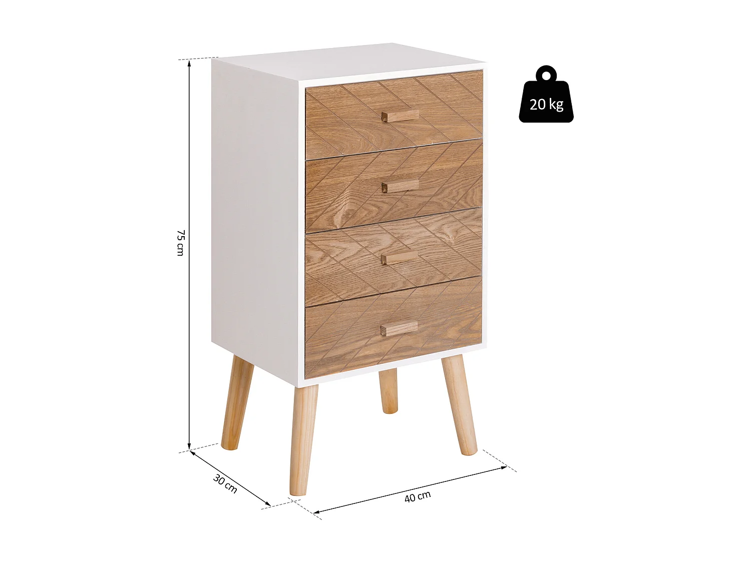 Meuble de rangement chiffonnier design scandinave 40L x 30l x 75H cm 4 tiroirs bois massif pin MDF blanc et hêtre motif graphique