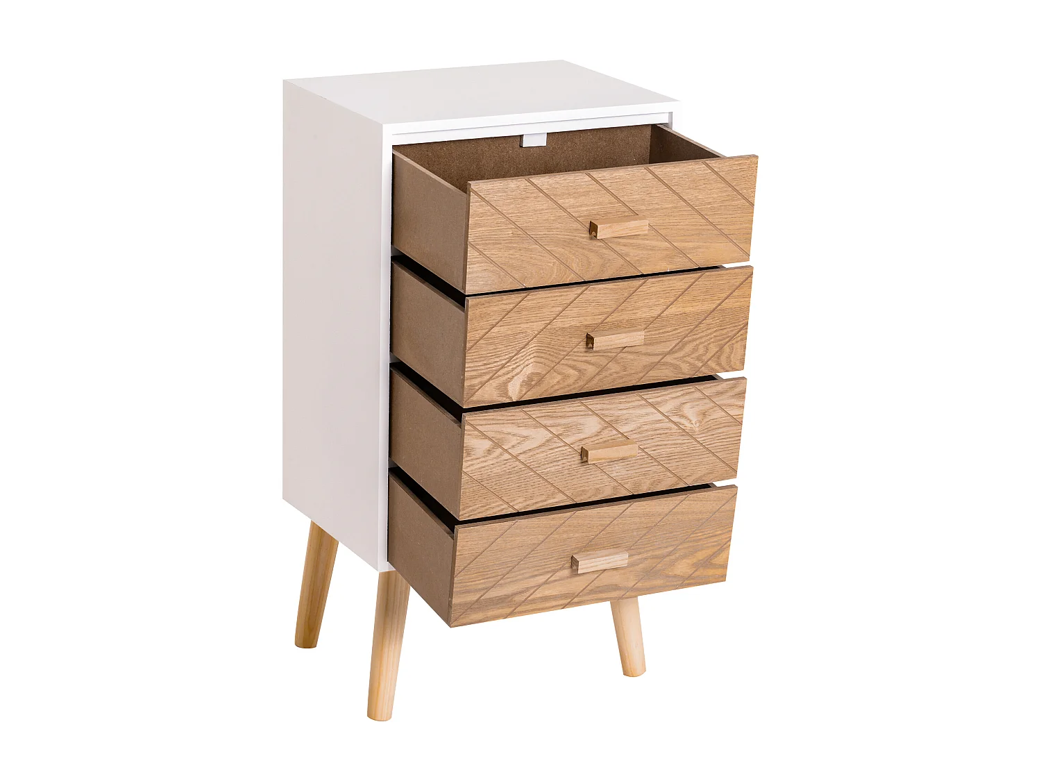 Meuble de rangement chiffonnier design scandinave 40L x 30l x 75H cm 4 tiroirs bois massif pin MDF blanc et hêtre motif graphique