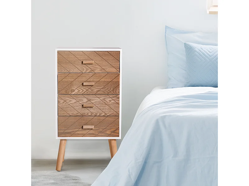 Meuble de rangement chiffonnier design scandinave 40L x 30l x 75H cm 4 tiroirs bois massif pin MDF blanc et hêtre motif graphique