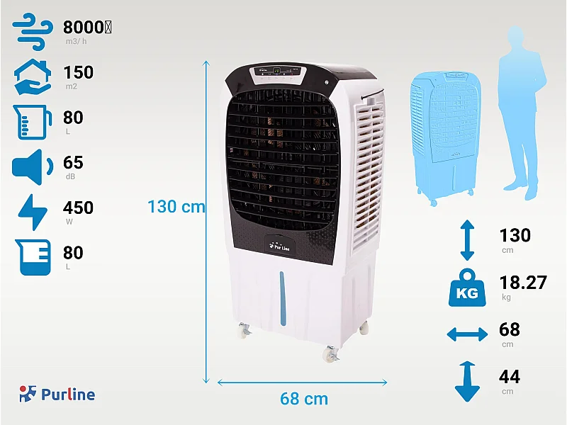 Rafraichisseur d'air par évaporation à débit élevé avec télécommande et roues