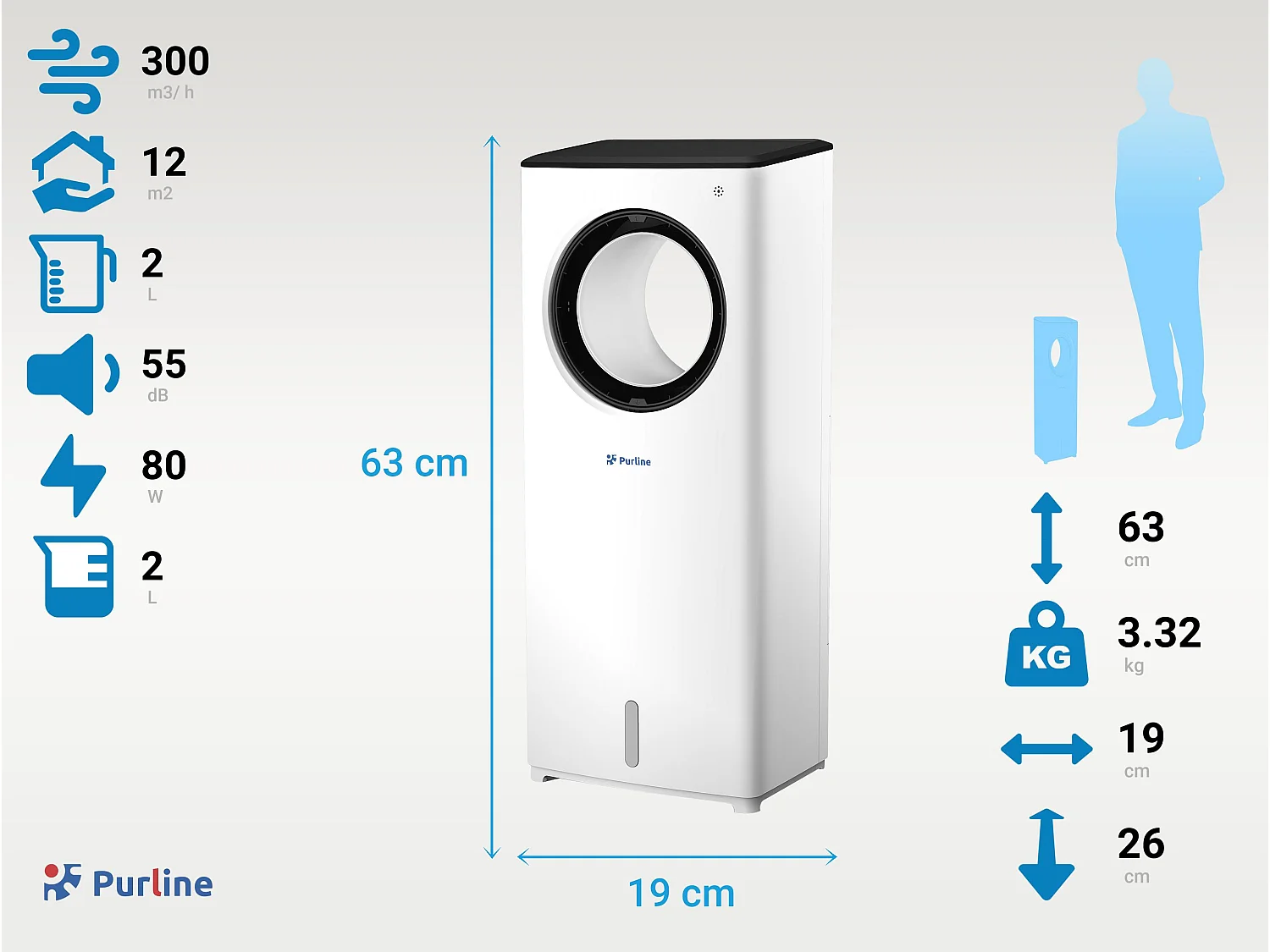 Rafraichisseur d'air par évaporation sans pales avec 3 vitesses et 2L