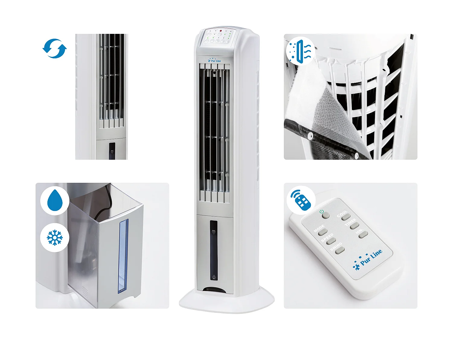 Rafraichisseur d'air par évaporation 70W avec ioniseur et 3 vitesses