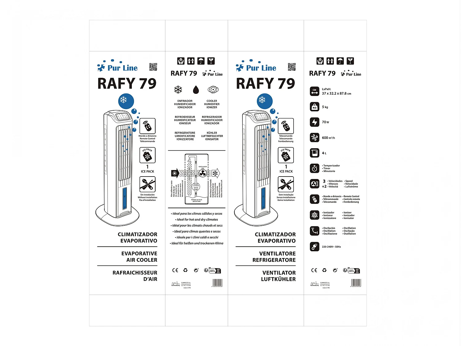 Rafraichisseur d'air par évaporation 70W avec ioniseur et 3 vitesses