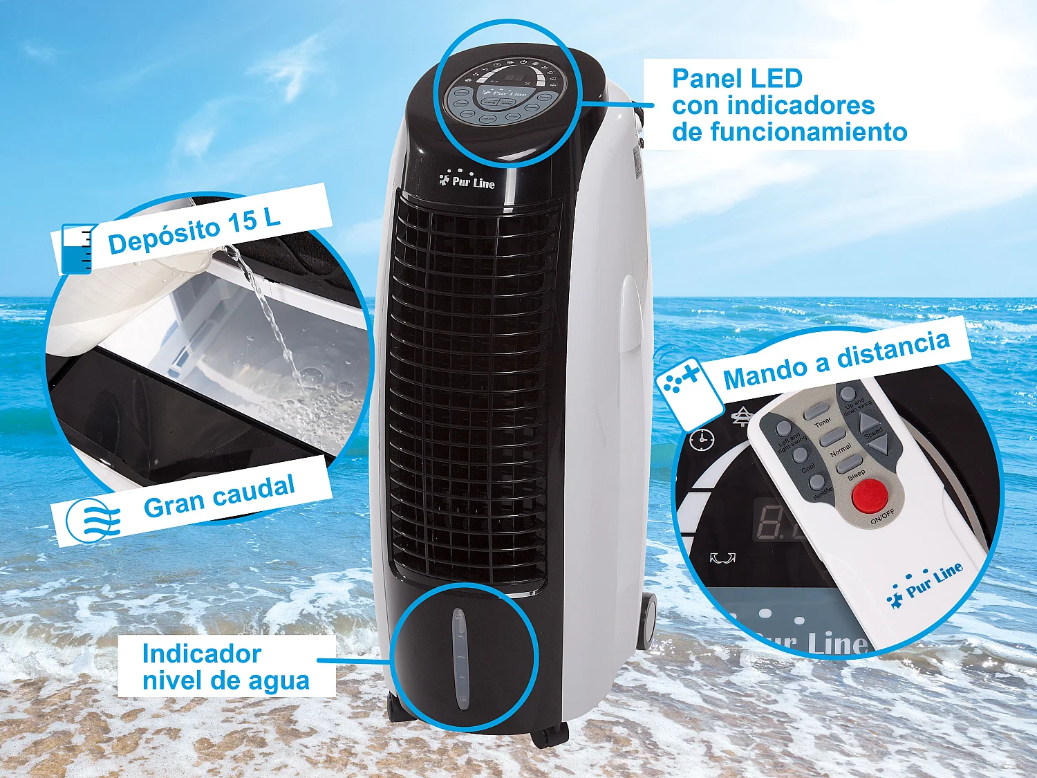 Rafraichisseur d'air par évaporation à débit élevé minuterie et 6 vitesses