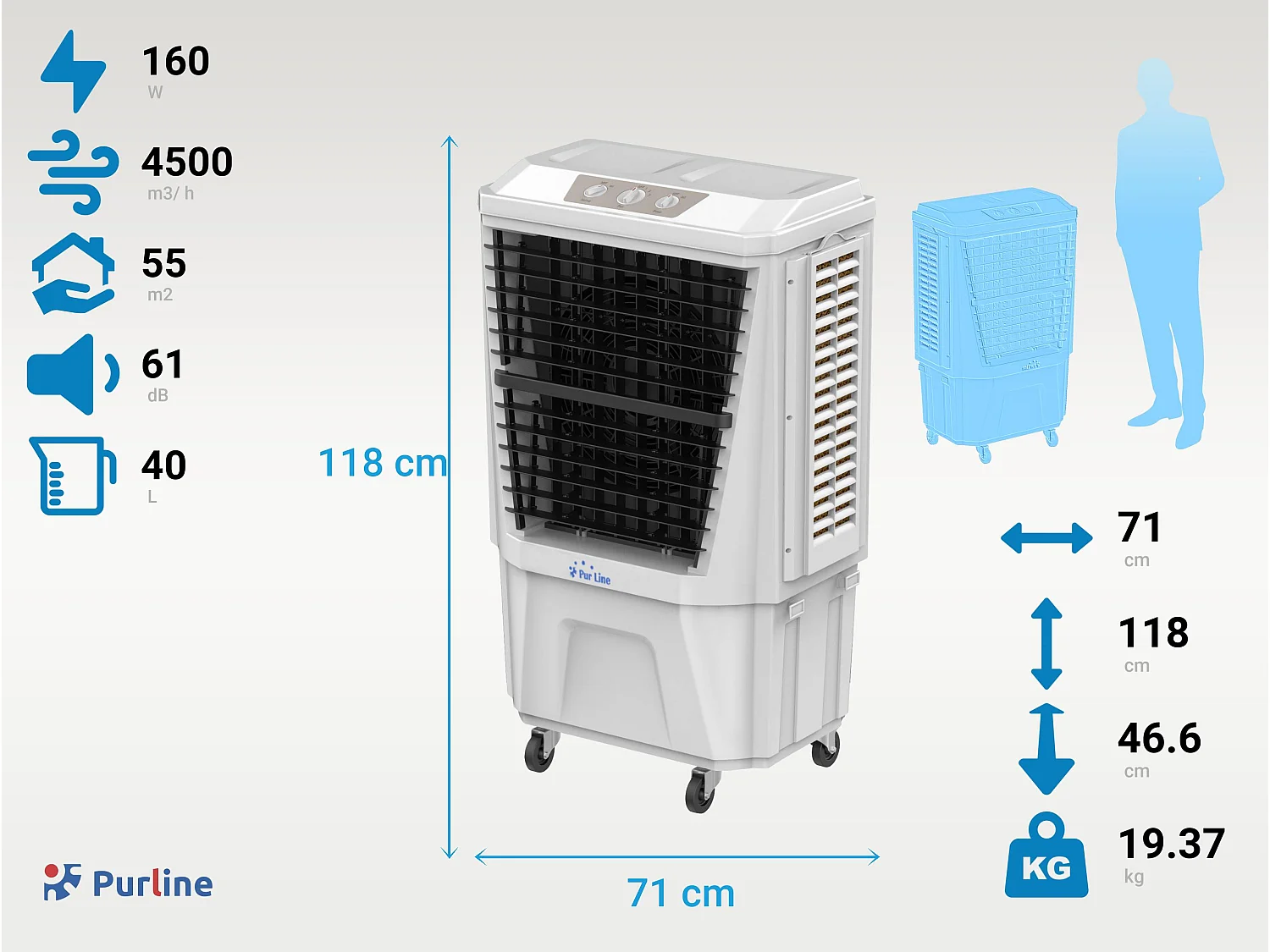 Hoog-debiet verdampingskoeler met timer en 3 snelheden