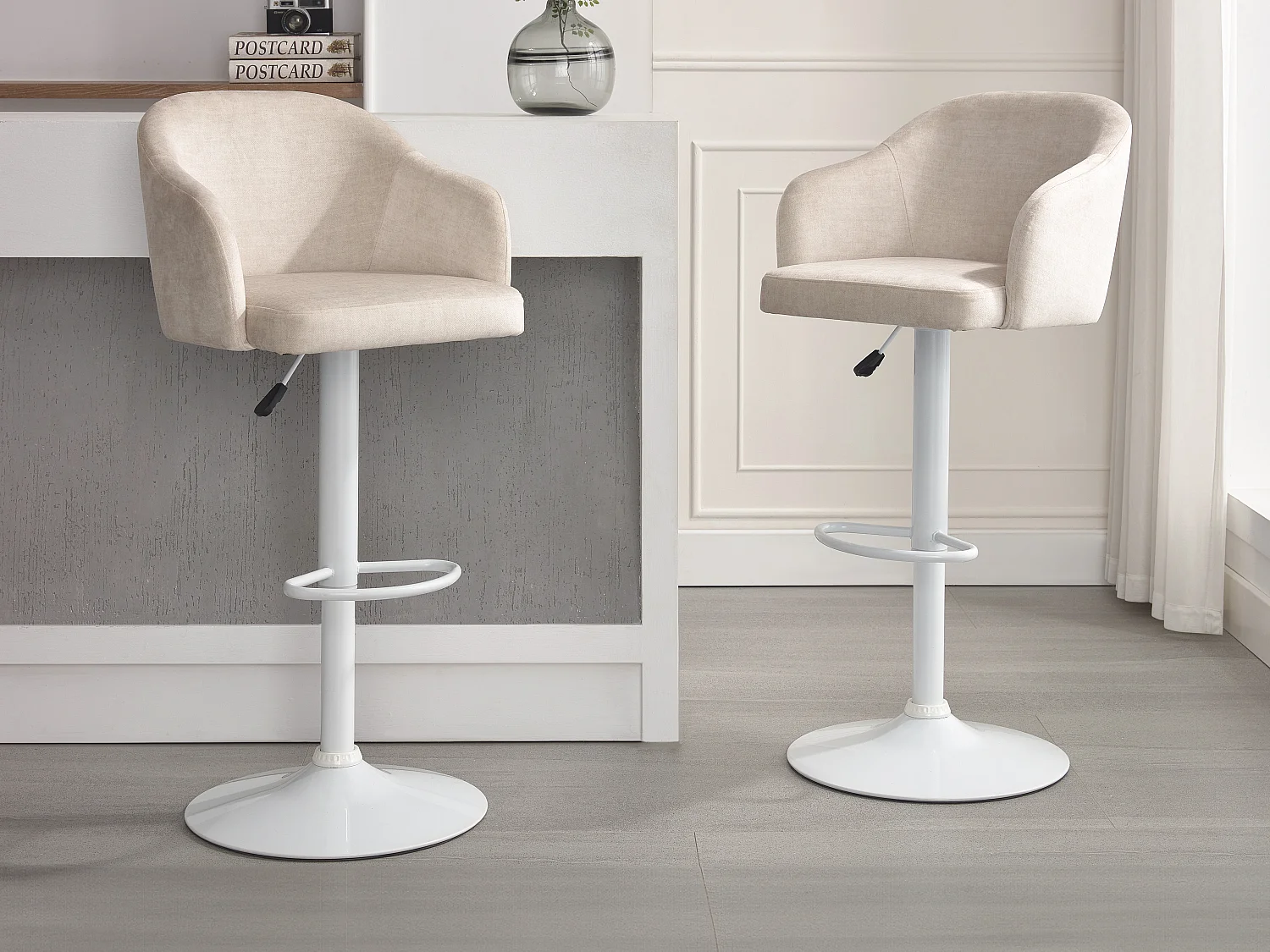 Lot de 2 tabourets de bar en tissu et métal - Hauteur réglable - Crème et blanc - CARSTEN