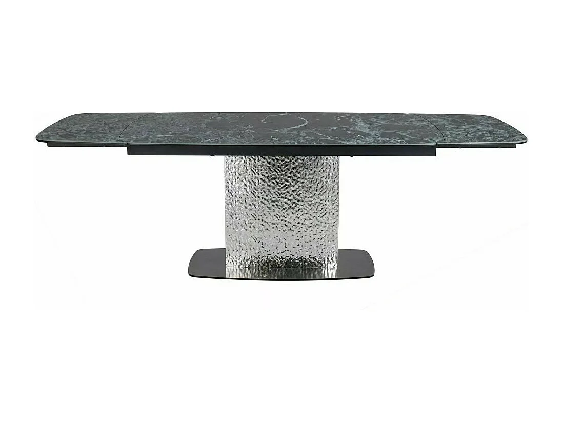Table design extensible aspect marbre vert avec pied central en acier inoxydable Eglantine