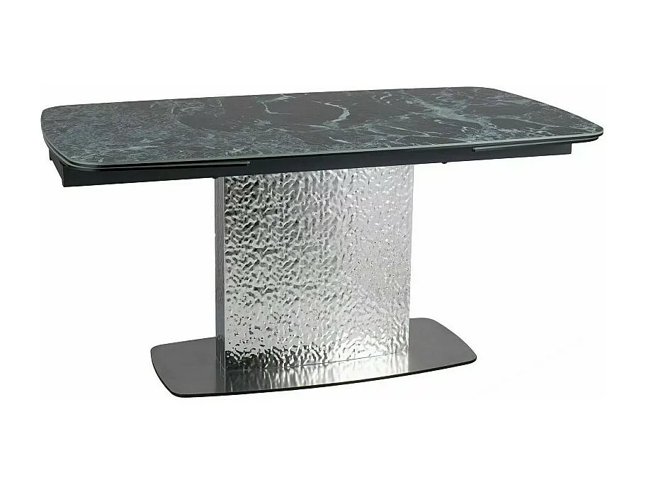 Table design extensible aspect marbre vert avec pied central en acier inoxydable Eglantine