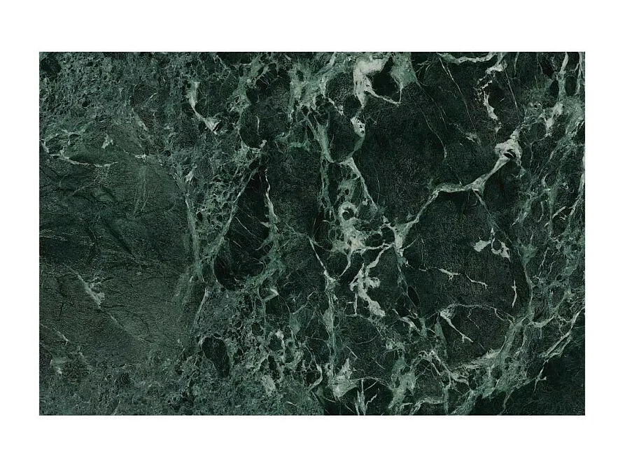 Table design extensible aspect marbre vert avec pied central en acier inoxydable Eglantine