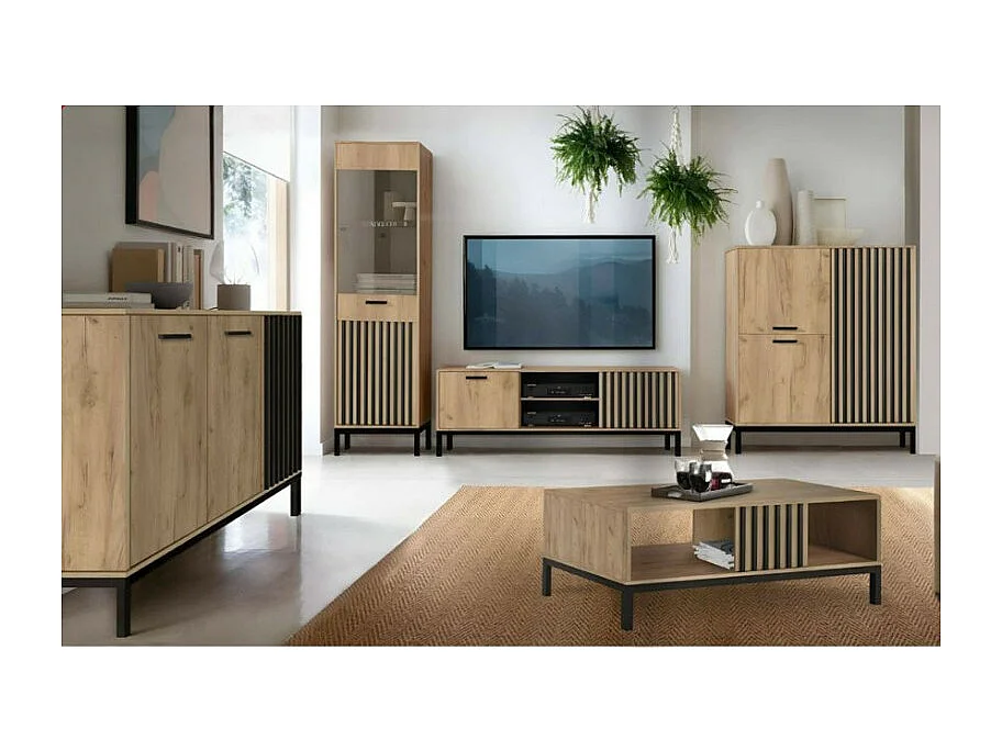 Buffet bas noir et bois 154 cm avec tasseaux Lazare