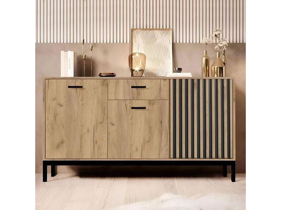 Buffet bas noir et bois 154 cm avec tasseaux Lazare