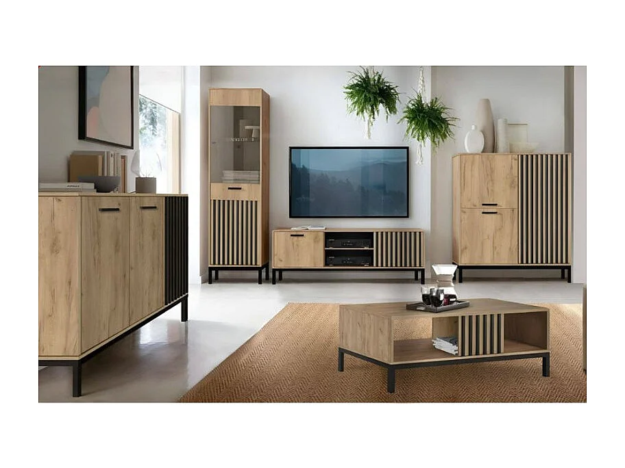 Buffet bas noir et bois 154 cm avec tasseaux Lazare
