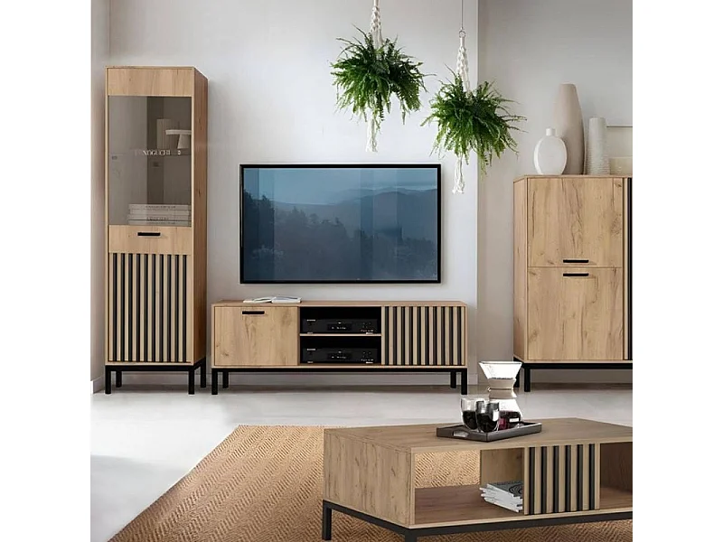 Vetrina nera e legno con doghe Lazare