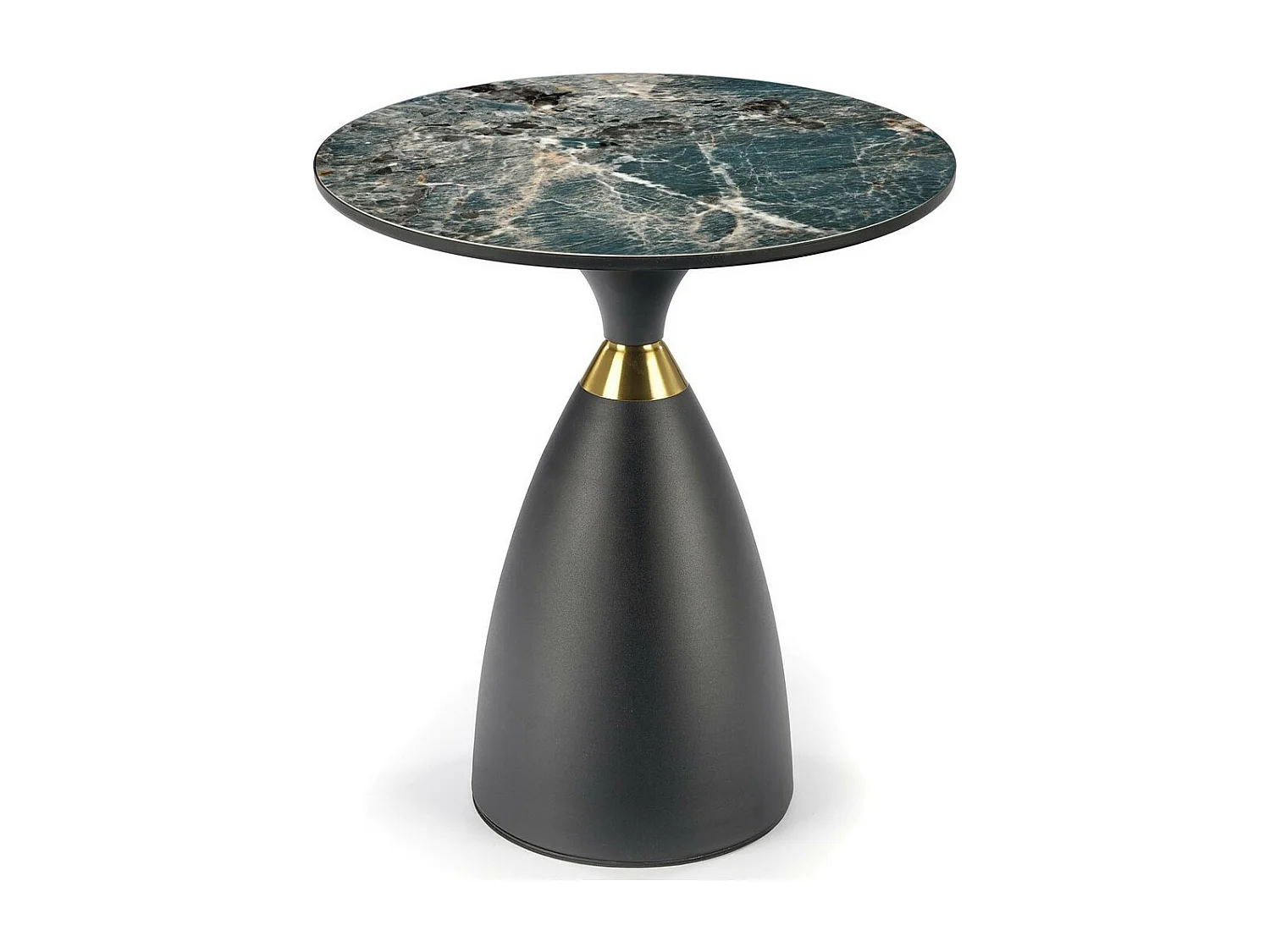 Mesa de pedestal de diseño con aspecto de mármol verde y base Starz negra y dorada