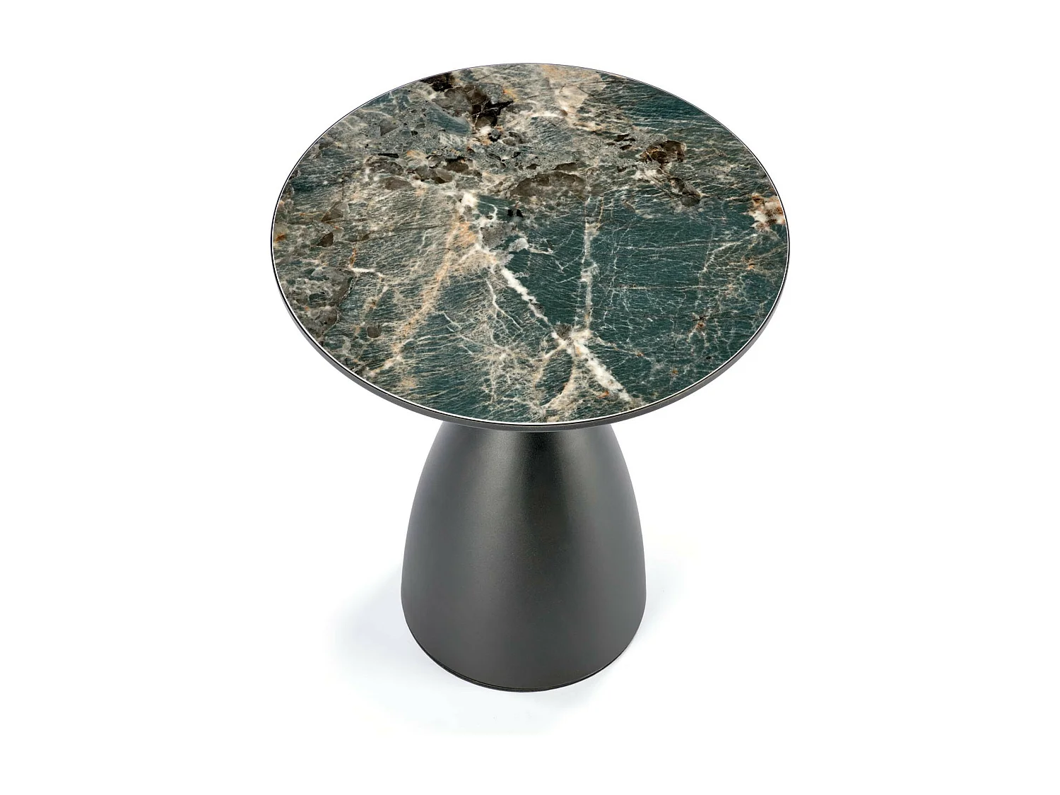 Mesa de pedestal de diseño con aspecto de mármol verde y base Starz negra y dorada