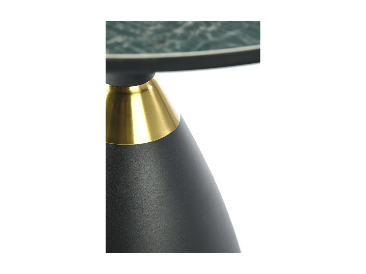 Mesa de pedestal de diseño con aspecto de mármol verde y base Starz negra y dorada