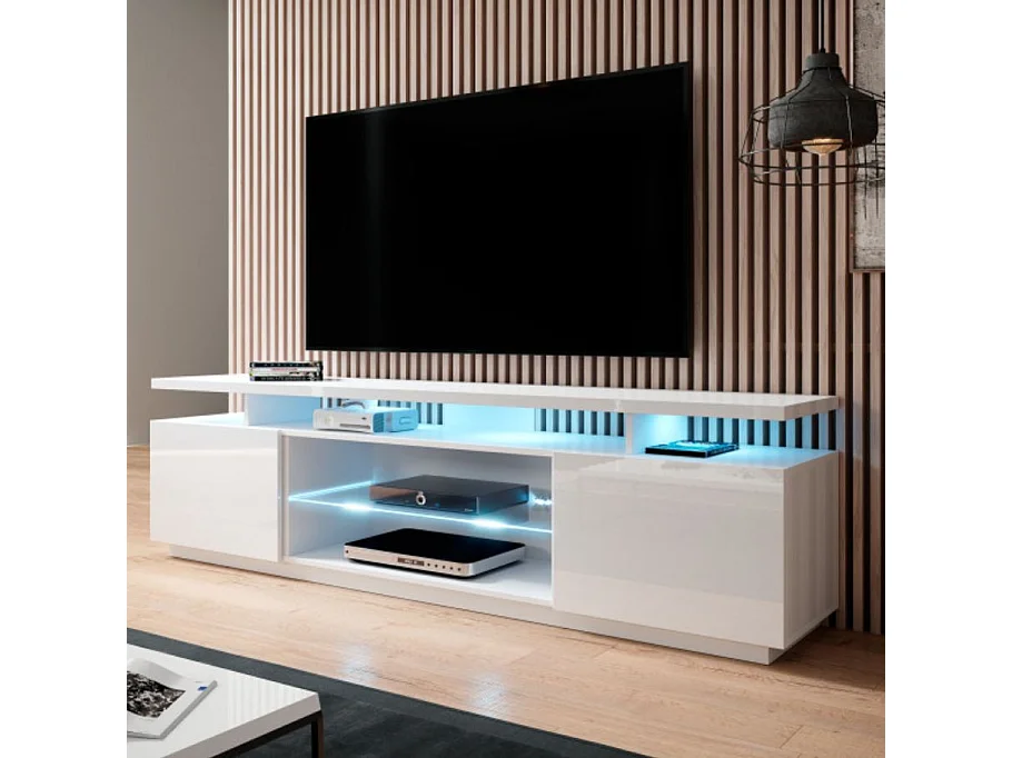 Meuble TV blanc brillant 180 cm à LED Zohra - bleu