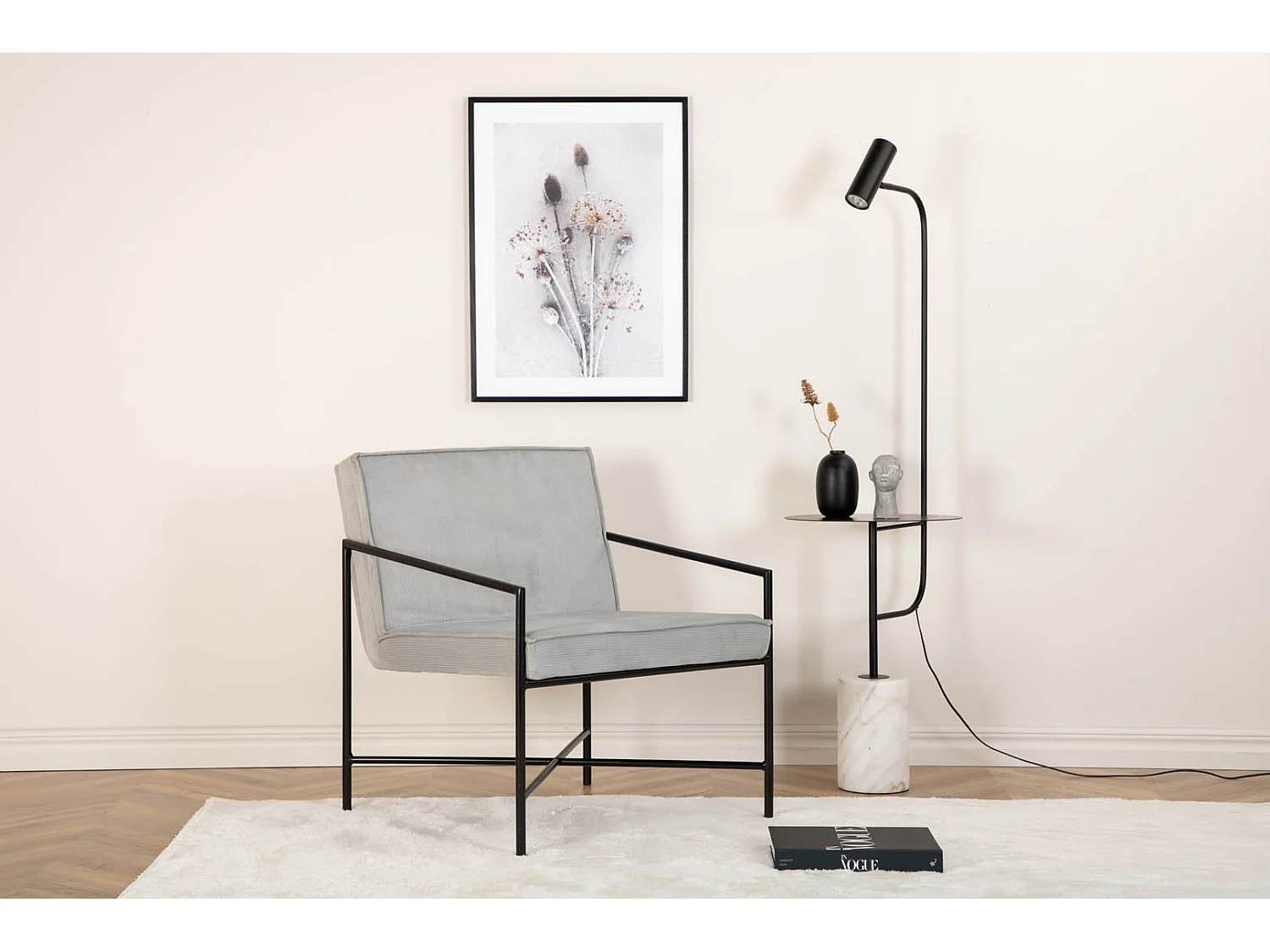 Fauteuil Design Velours Côtelé "Rakel" 78cm Gris