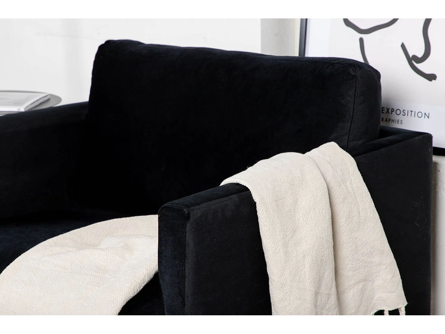 Zoom fauteuil velours noir.