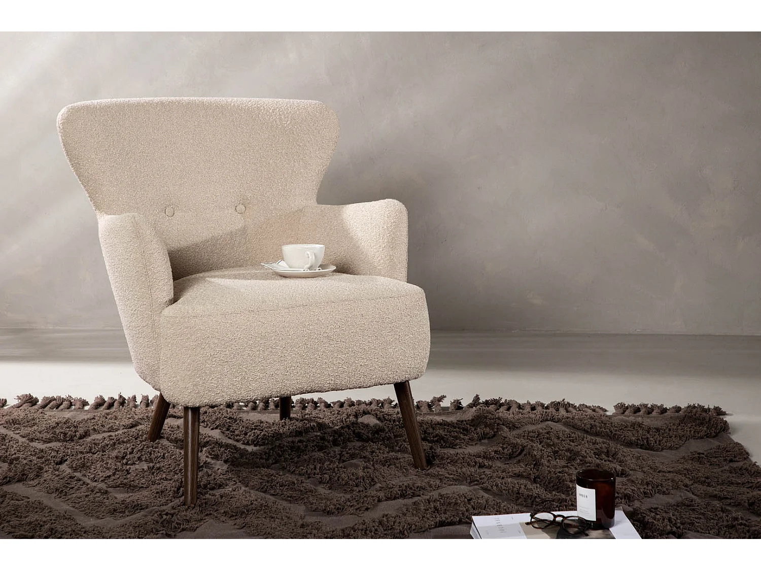 Fauteuil Design Bouclette "Lincoln" 85cm Beige