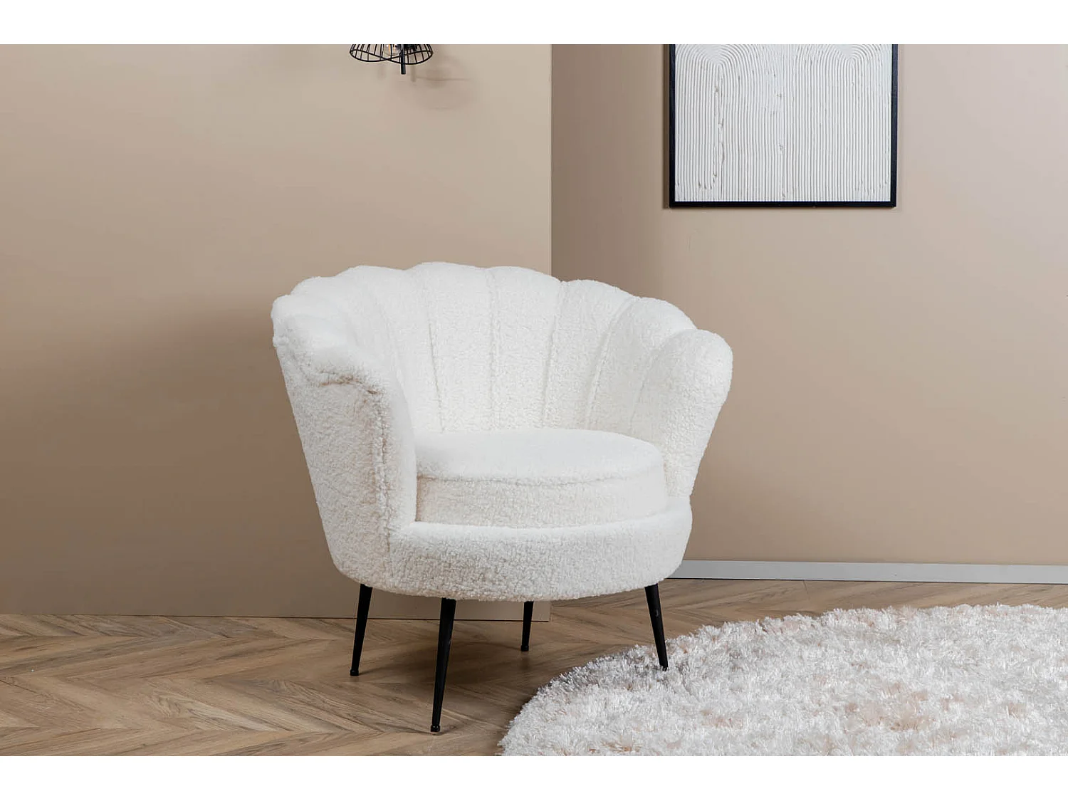 Fauteuil Coquillage Bouclette "Calais" 83cm Blanc