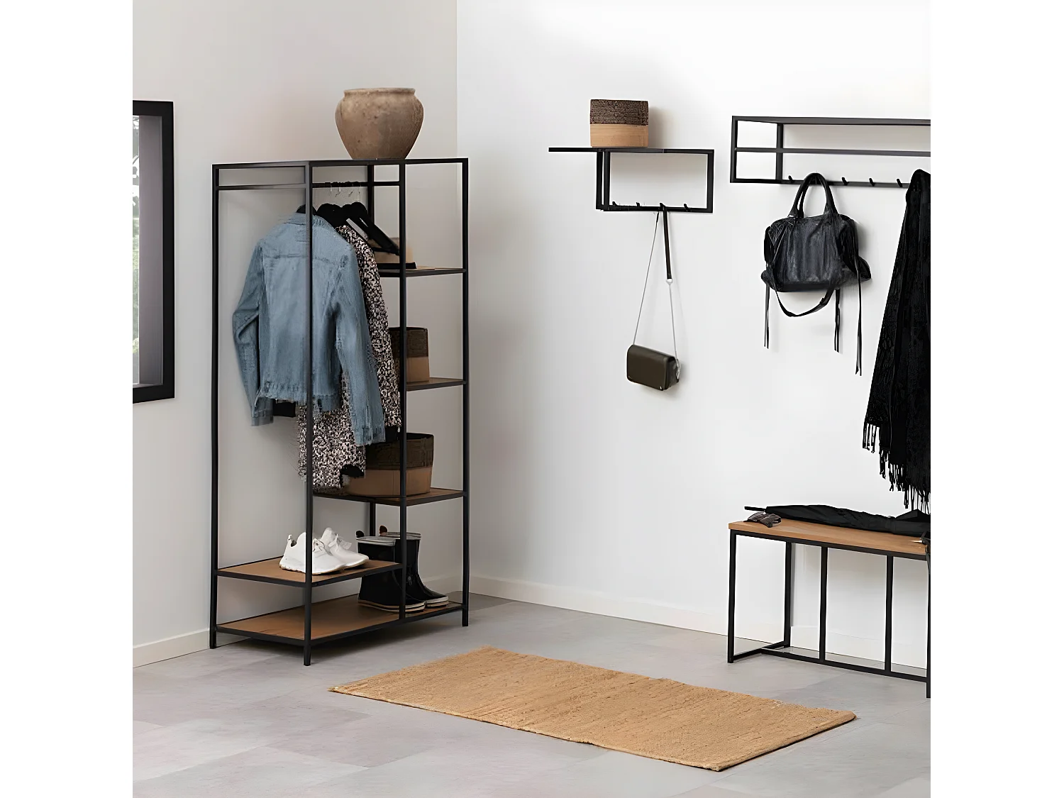 Sea Séchoir à linge 1 tringle à vêtements, 5 tablettes de rangement, noir, teinte naturelle.