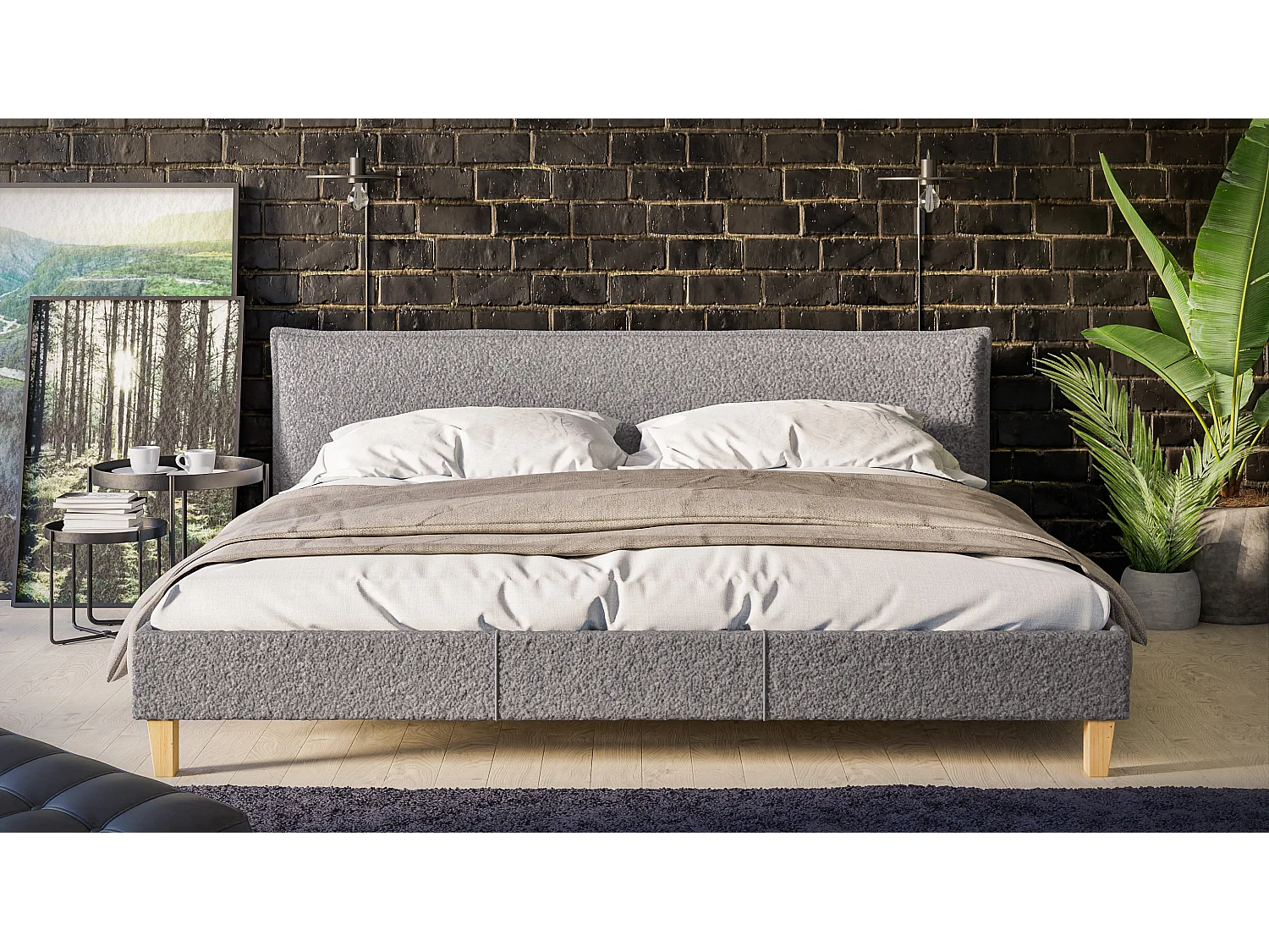 Polsterbett Uriah Boucle Stoff Füße aus Massivholz