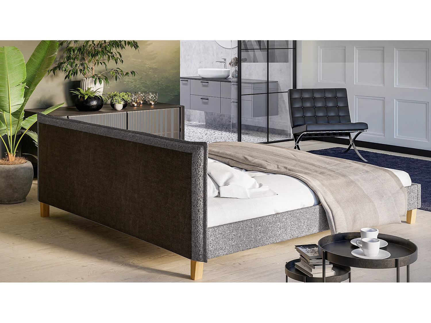 Polsterbett Uriah Boucle Stoff Füße aus Massivholz