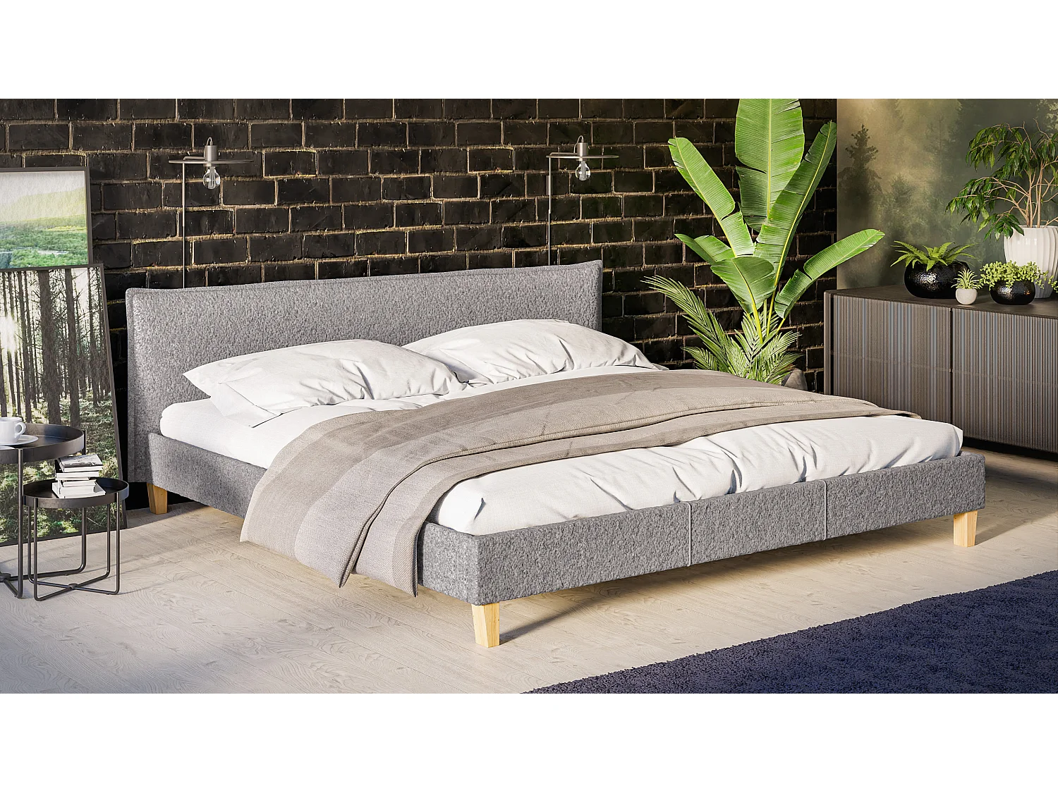 Polsterbett Uriah Boucle Stoff Füße aus Massivholz