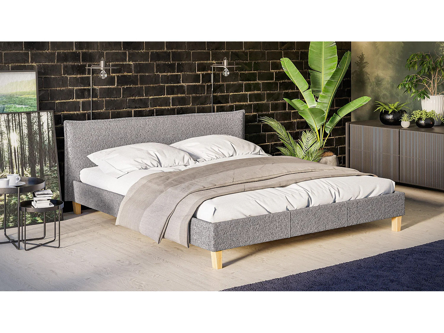 Polsterbett Uriah Boucle Stoff Füße aus Massivholz