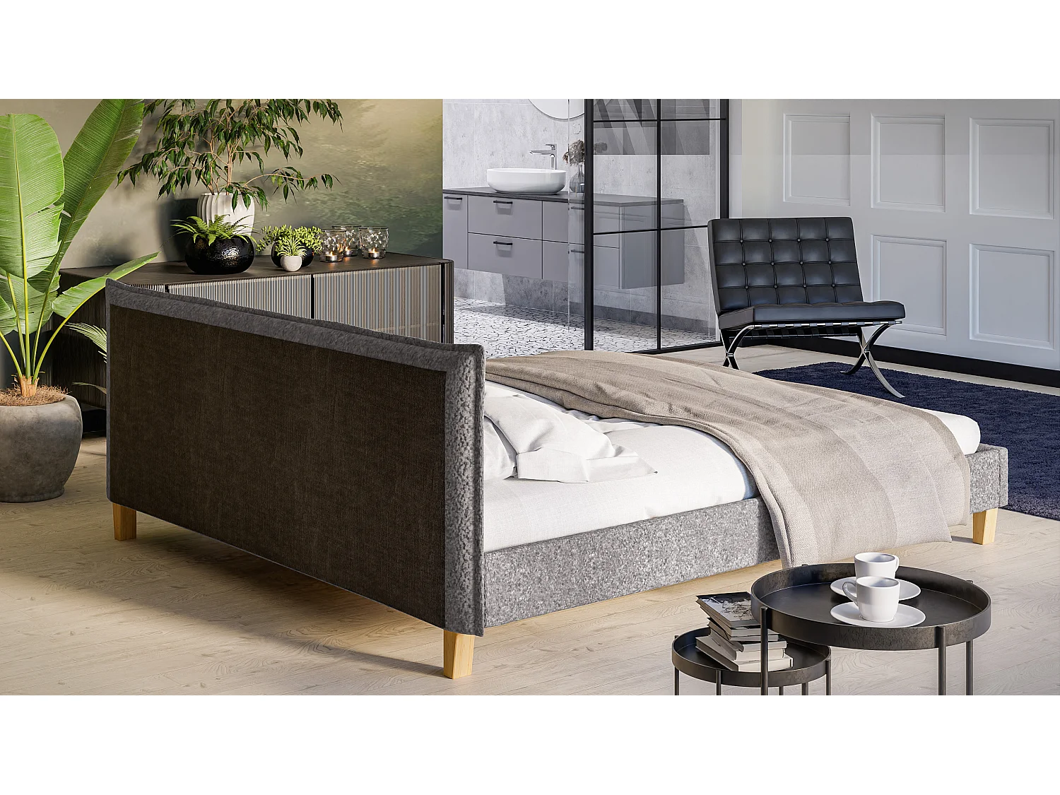 Polsterbett Uriah Boucle Stoff Füße aus Massivholz