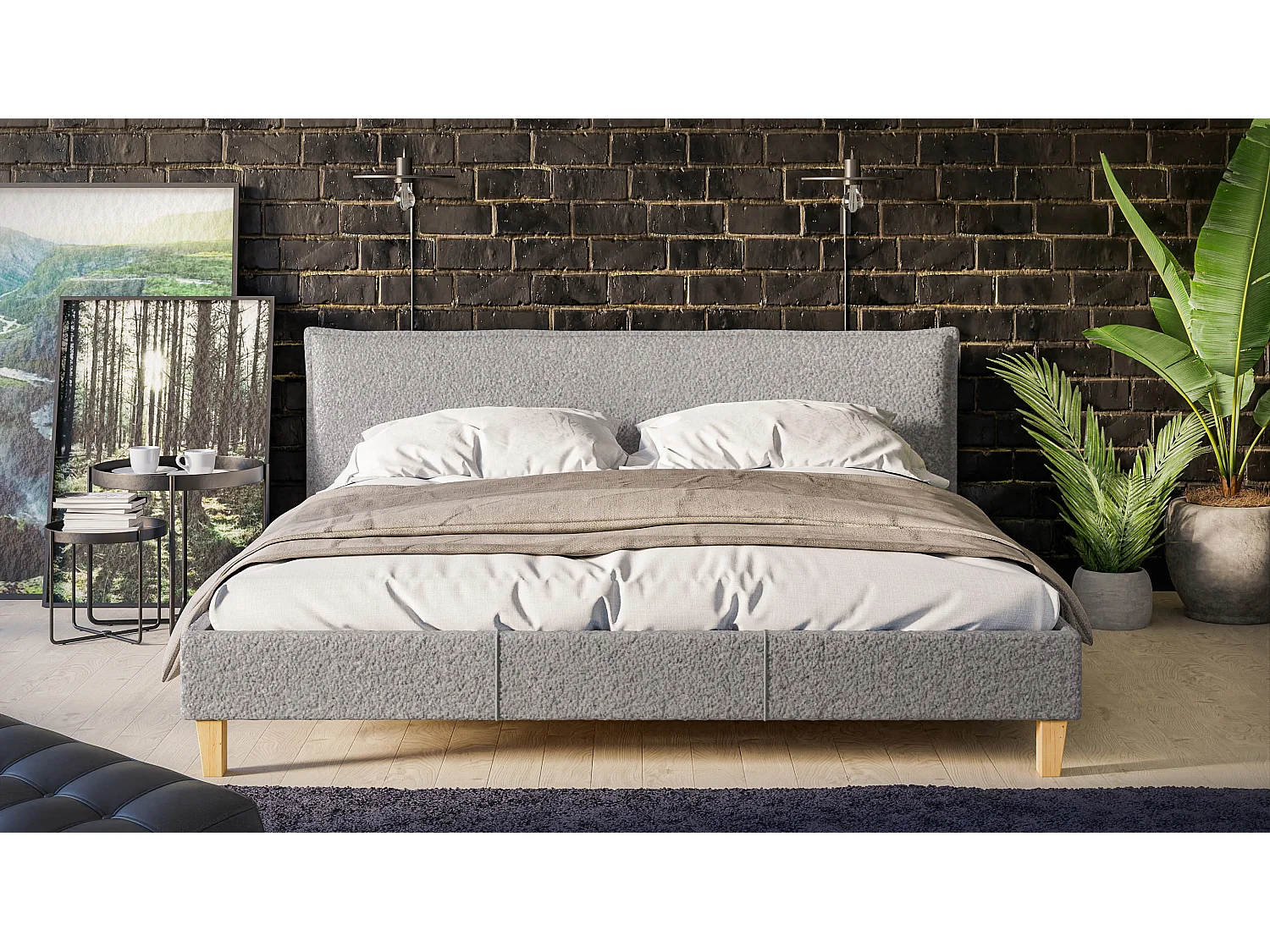 Polsterbett Uriah Boucle Stoff Füße aus Massivholz