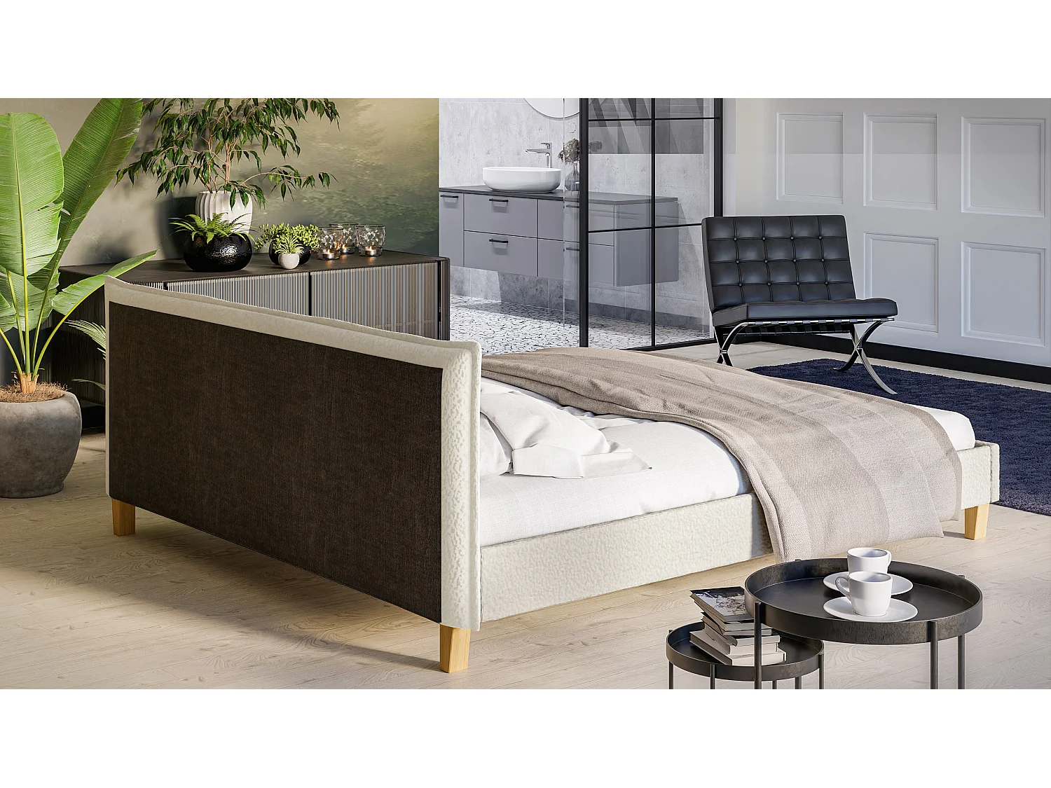 Polsterbett Uriah Boucle Stoff Füße aus Massivholz