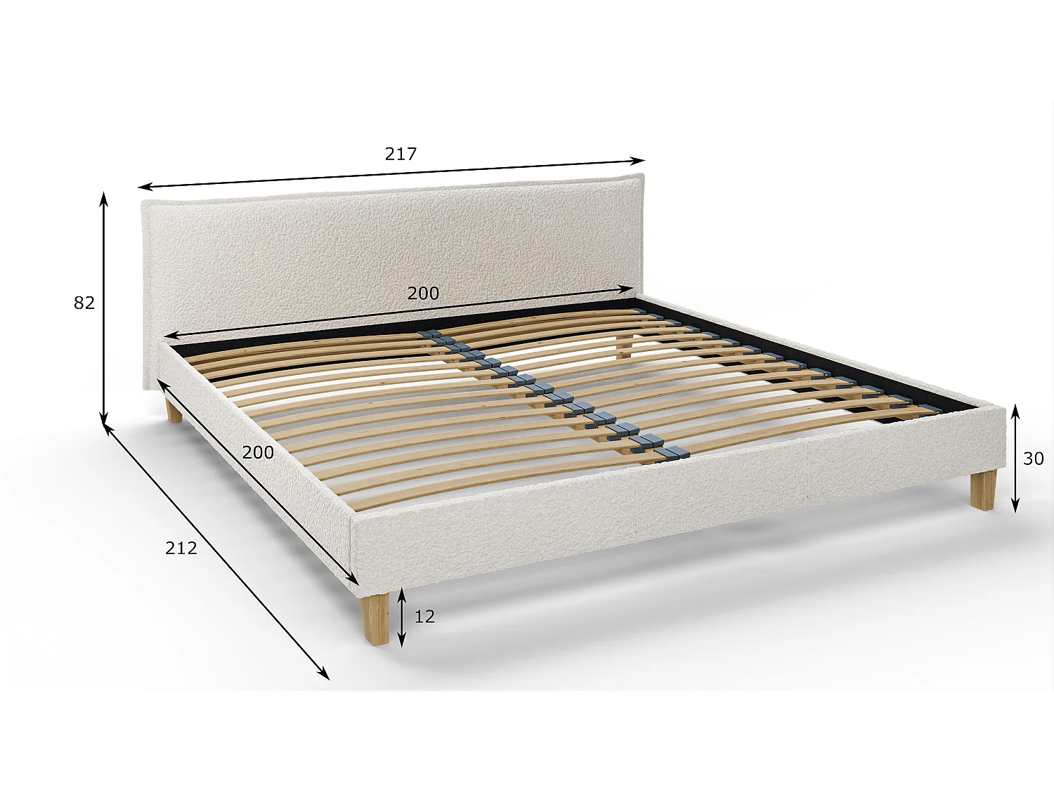 Polsterbett Uriah Boucle Stoff Füße aus Massivholz