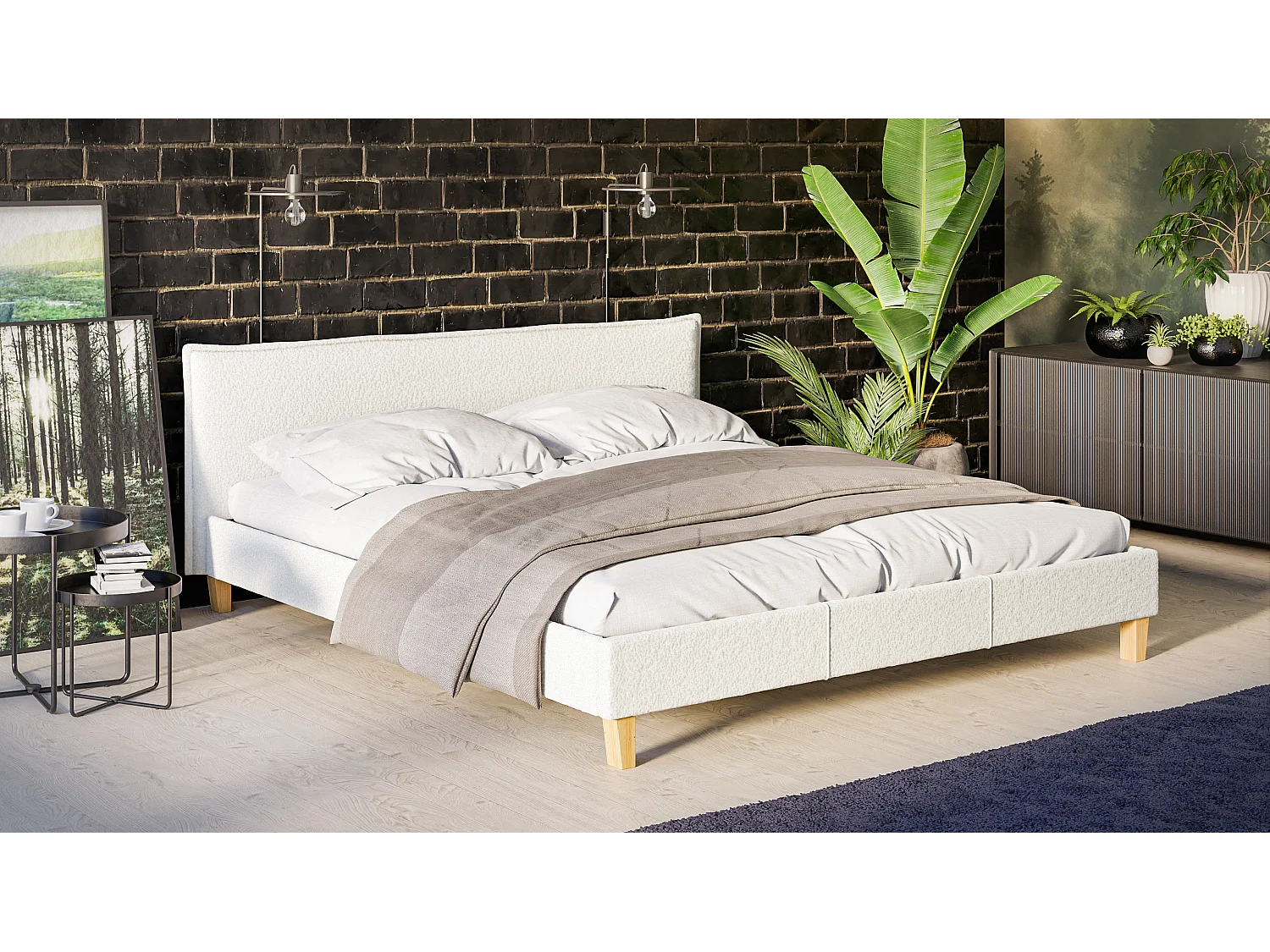 Polsterbett Uriah Boucle Stoff Füße aus Massivholz