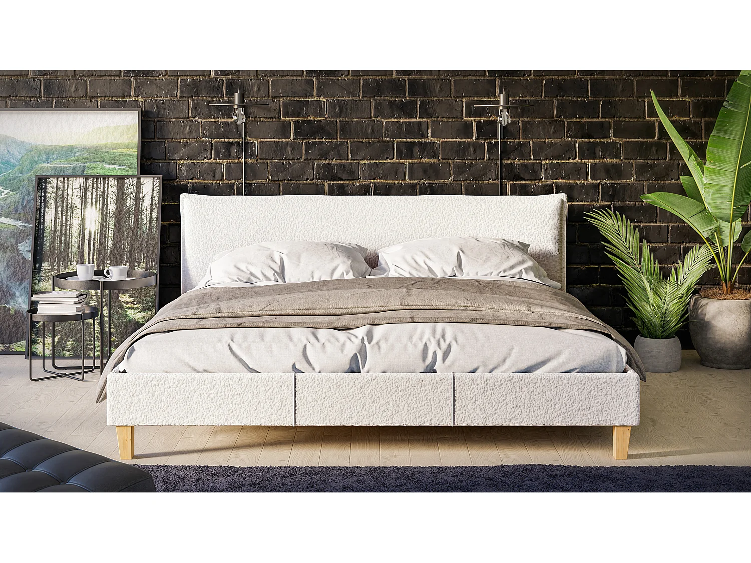 Polsterbett Uriah Boucle Stoff Füße aus Massivholz