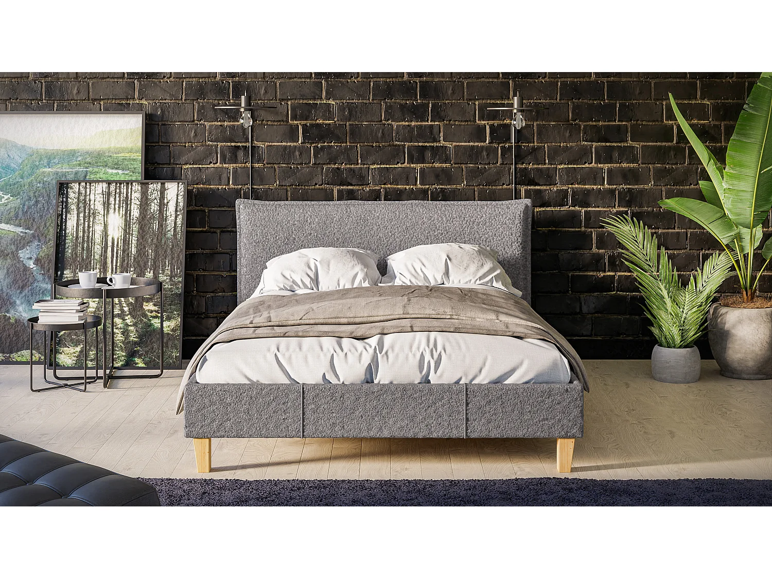 Polsterbett Uriah Boucle Stoff Füße aus Massivholz