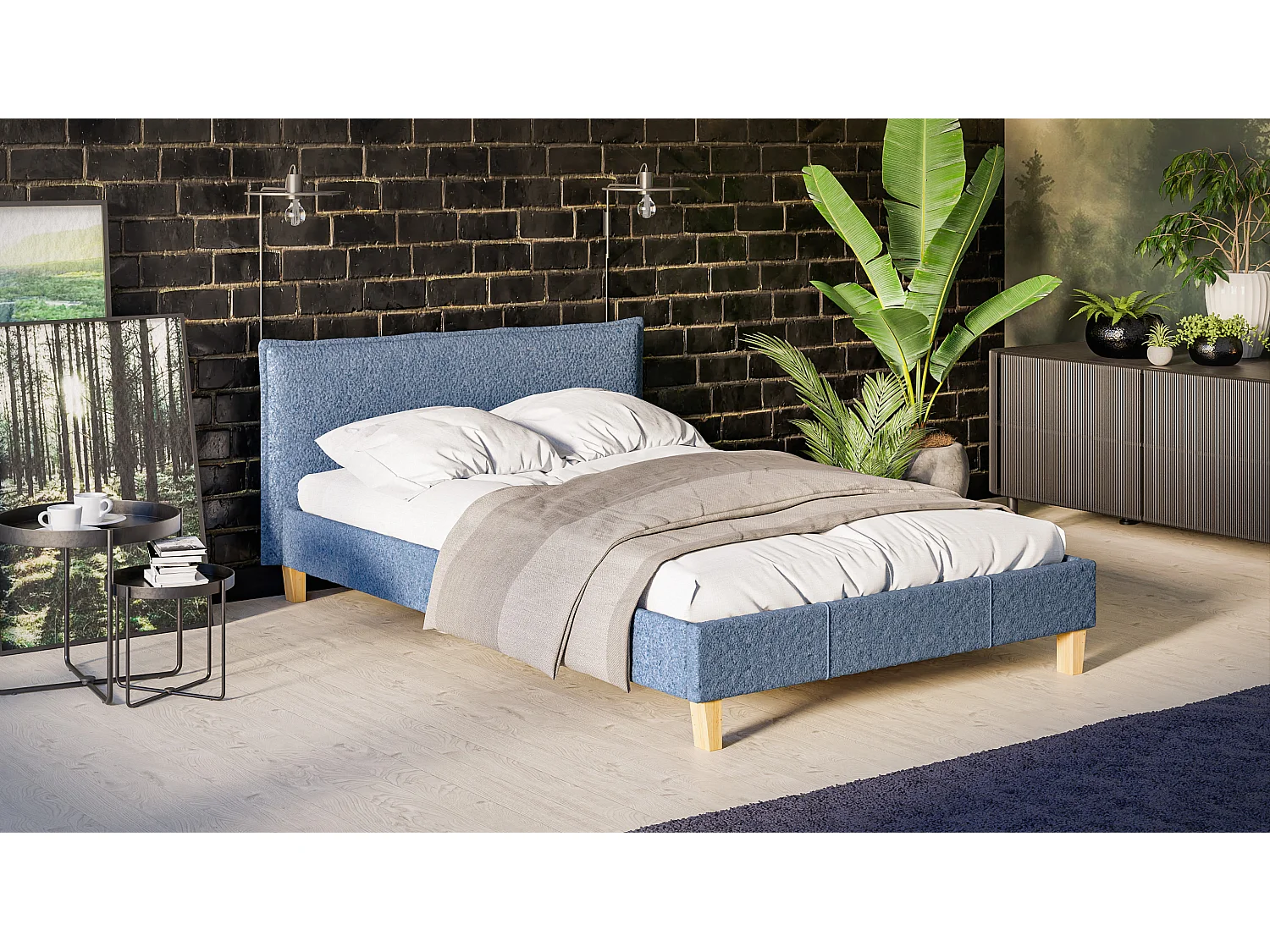 Polsterbett Uriah Boucle Stoff Füße aus Massivholz