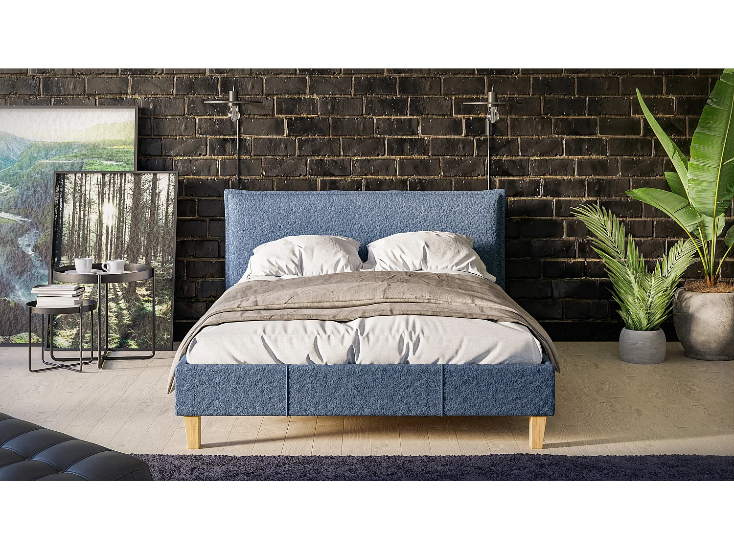 Polsterbett Uriah Boucle Stoff Füße aus Massivholz